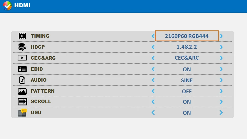 SVG-203 HDMI parameter settings screen