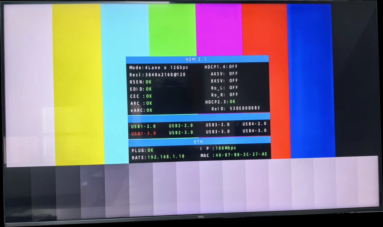 HDMI 2.1 output screen overlaid with USB 3.0 card and network interface test info