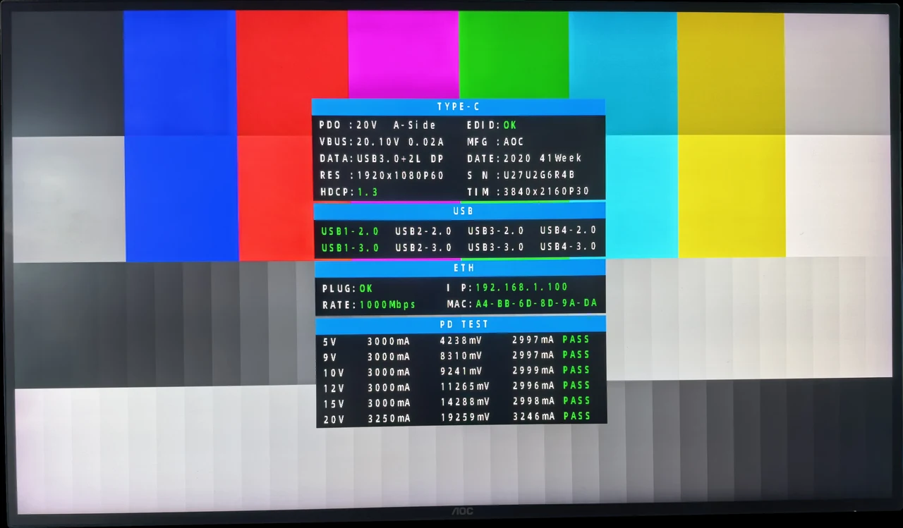 TYPE-C output screen overlaid with PD test, USB and network test info