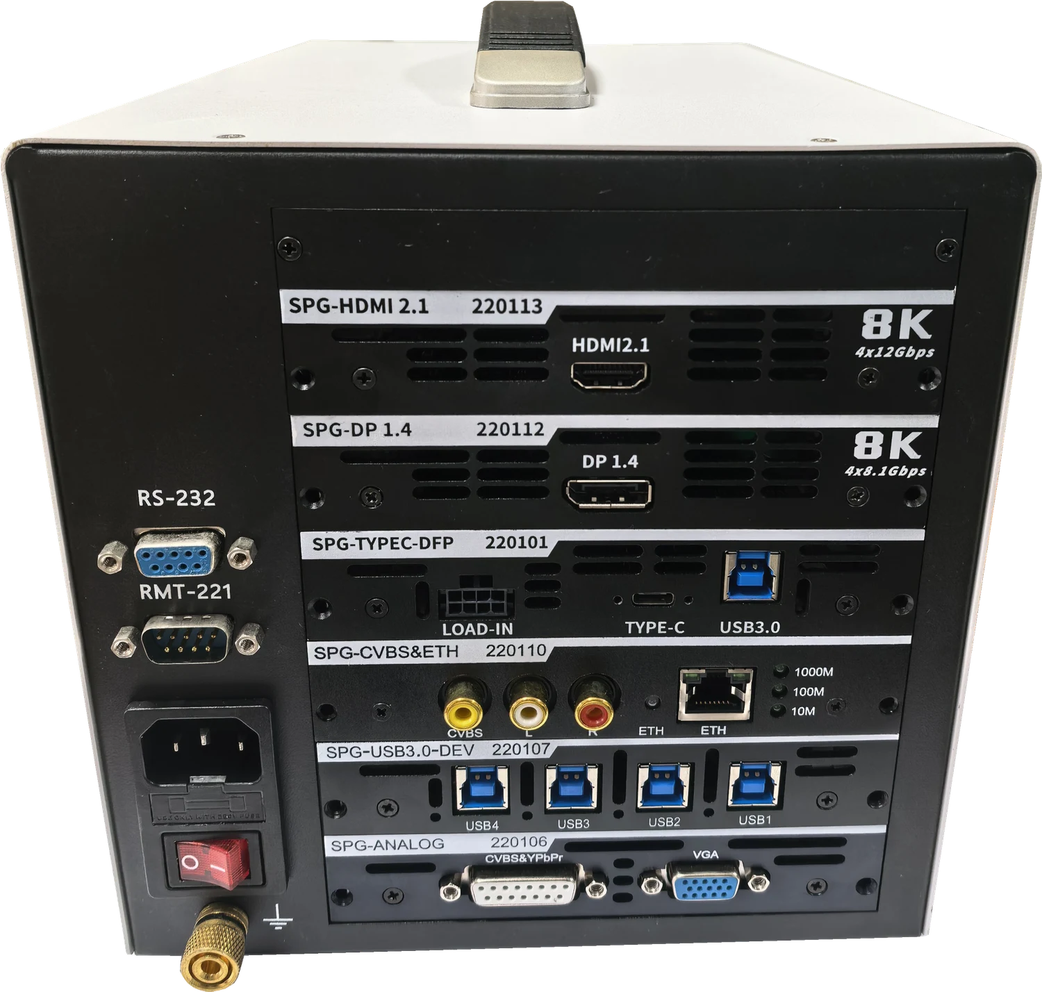 SVG-2201 main unit rear panel: 6 mixed signal cards, RS-232, RMT-221, AC power, ground terminal