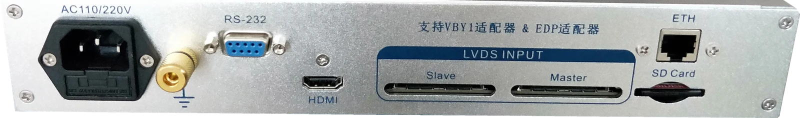 VLA-804 rear panel: AC inlet, RS-232, HDMI, LVDS INPUT (Master/Slave), SD card, gigabit Ethernet